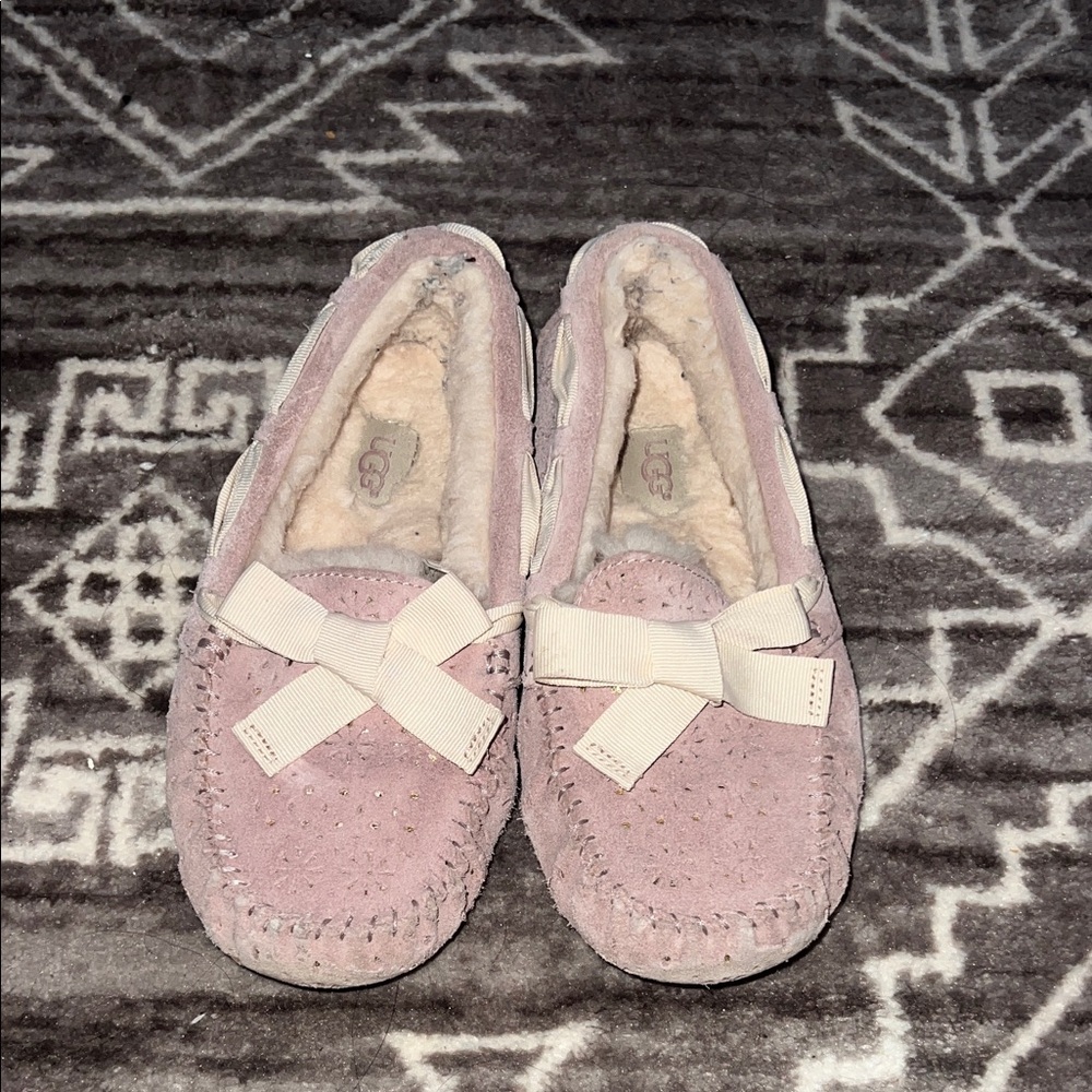 UGG Blush Suede Moccasins with Cream Bow